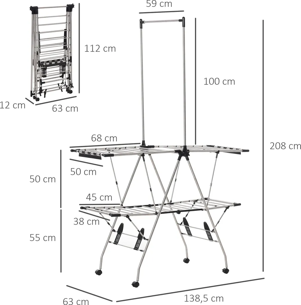 HOMCOM Kleiderständer Wäschetrockner Wäscheständer Standtrockner Zusammenklappbar Großer Trockenraum Edelstahl 138,5x63x208cm 9 HOMCOM Kleiderständer Wäschetrockner Wäscheständer Standtrockner Zusammenklappbar Großer Trockenraum Edelstahl 138,5x63x208cm – Bild 7
