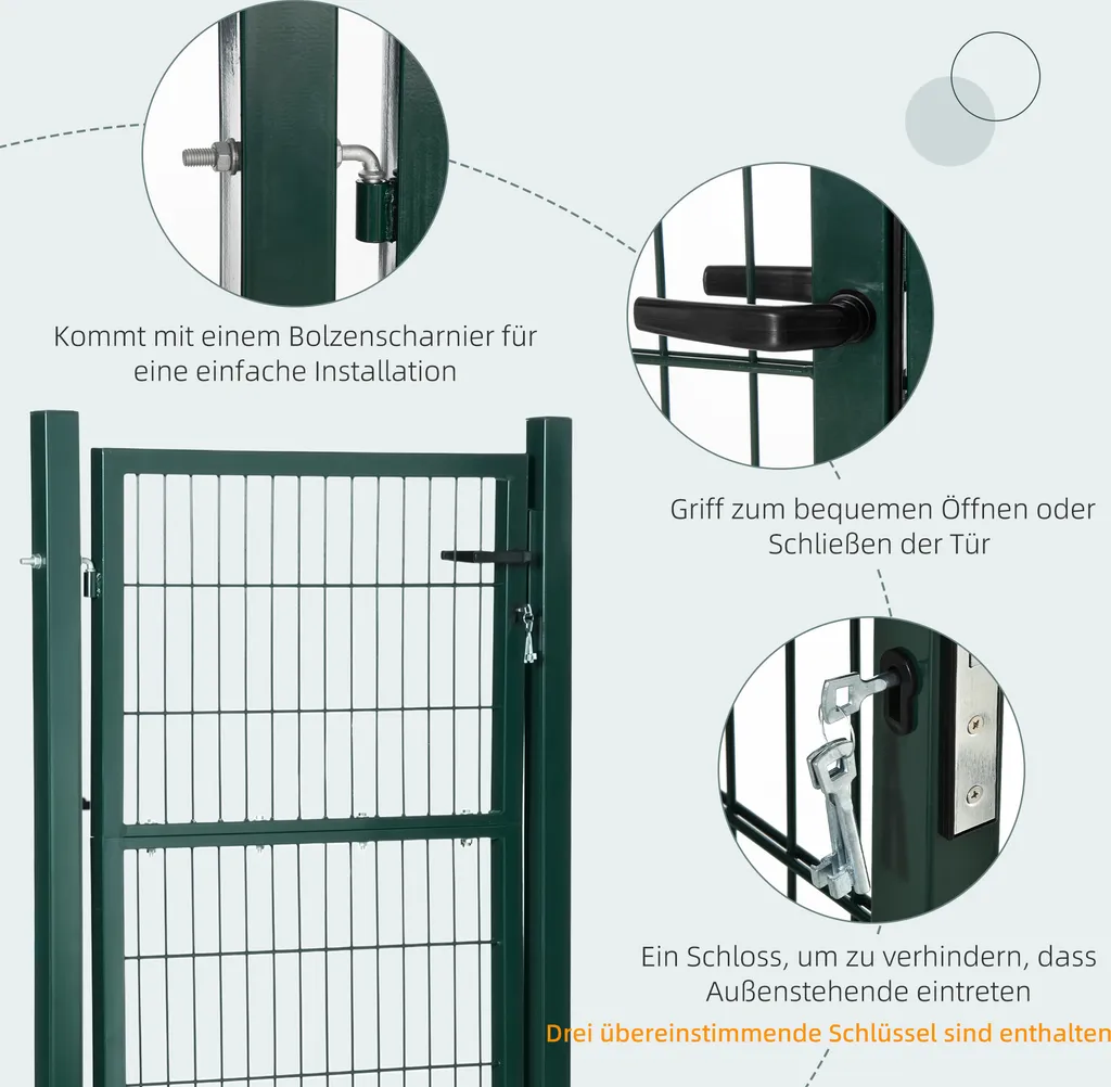 HOMCOM Gartentor Gartentür Zauntor Hoftür Aus Stahl Mit Griff Schloss Und Schlüsseln 97 X 170 Cm Grün 7 HOMCOM Gartentor Gartentür Zauntor Hoftür Aus Stahl Mit Griff Schloss Und Schlüsseln 97 X 170 Cm Grün – Bild 5