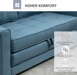 HOMCOM Schlafsofa Klappsofa 2-Sitzer Stoffsofa Bettsofa Sofa Mit Schlaffunktion Sofagarnitur Leinen-Touch Gummiholz Blau 147,5 X 75 X 85 Cm -Homcom aa189ed271bbd5f2e1e6516e85d4a883