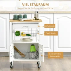 HOMCOM Küchenwagen Küchenrollwagen Servierwagen Mit Schublade Abnehmbares Tablett Bambus MDF Metall Weiß+Natur 58 X 37 X 83 Cm -Homcom afa07526428493505bcbd59889fa636a
