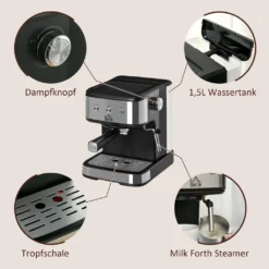 HOMCOM Espressomaschine Kaffeemaschine Aus Edelstahl Siebträgermaschine Mit Milchschäumer 1,5L Wassertank 15 Bar Für Espresso Cappuccino Latte Milchkaffee 850 W 15 HOMCOM Espressomaschine Kaffeemaschine Aus Edelstahl Siebträgermaschine Mit Milchschäumer 1,5L Wassertank 15 Bar Für Espresso Cappuccino Latte Milchkaffee 850 W -Homcom b04d280dcc4669e70ed11f7c0bb62e6a