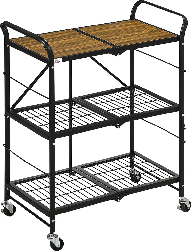 HOMCOM Rollwagen, Klappbarer Küchenwagen, Servierwagen Mit 3 Ebenen, Griff, Küchenregal Auf 4 Rollen Für Esszimmer, Wohnzimmer, Stahl, Braun+Schwarz, 68 X 35 X 85 Cm 3 HOMCOM Rollwagen, Klappbarer Küchenwagen, Servierwagen Mit 3 Ebenen, Griff, Küchenregal Auf 4 Rollen Für Esszimmer, Wohnzimmer, Stahl, Braun+Schwarz, 68 X 35 X 85 Cm