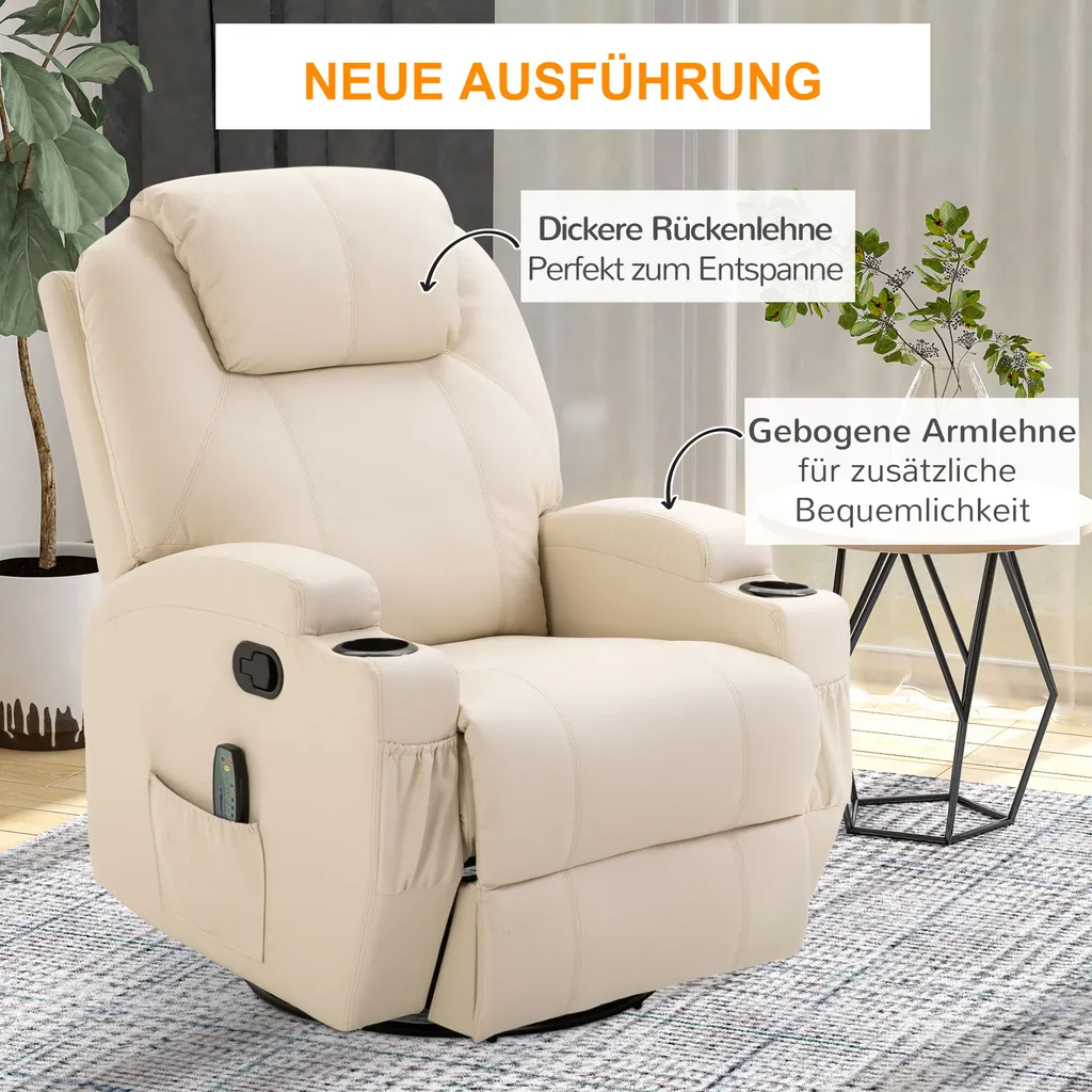 HOMCOM Massagesessel Relaxsessel Fernsehsessel Massagefunktion 5 Massage-Modi Liegefunktion Kunstleder Holz Metall Schaumstoff Cremeweiß 84 X 92 X 109 Cm 6 HOMCOM Massagesessel Relaxsessel Fernsehsessel Massagefunktion 5 Massage-Modi Liegefunktion Kunstleder Holz Metall Schaumstoff Cremeweiß 84 X 92 X 109 Cm – Bild 4