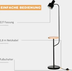 HOMCOM Modern Moderne Stehlampe Mit Ablagefläche Standleuchte Mit Verstellbarem Lampenschirm Für Wohnung Büro Stahl Schwarz 32,5 X 28 X 152 Cm -Homcom b3a6ce2fc93cb131dd3bc974efc64001