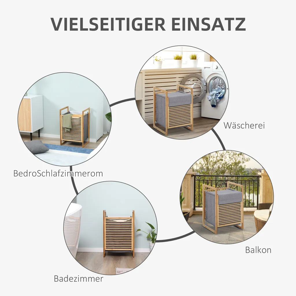 HOMCOM Wäschekorb Wäschebox Wäschesammler Mit Waschbarem Wäschesack Deckel Wäschesack Tuchsack Bambus Leinenartiges Polyester Natur+Grau 40 X 35 X 60,5 Cm 6 HOMCOM Wäschekorb Wäschebox Wäschesammler Mit Waschbarem Wäschesack Deckel Wäschesack Tuchsack Bambus Leinenartiges Polyester Natur+Grau 40 X 35 X 60,5 Cm – Bild 4