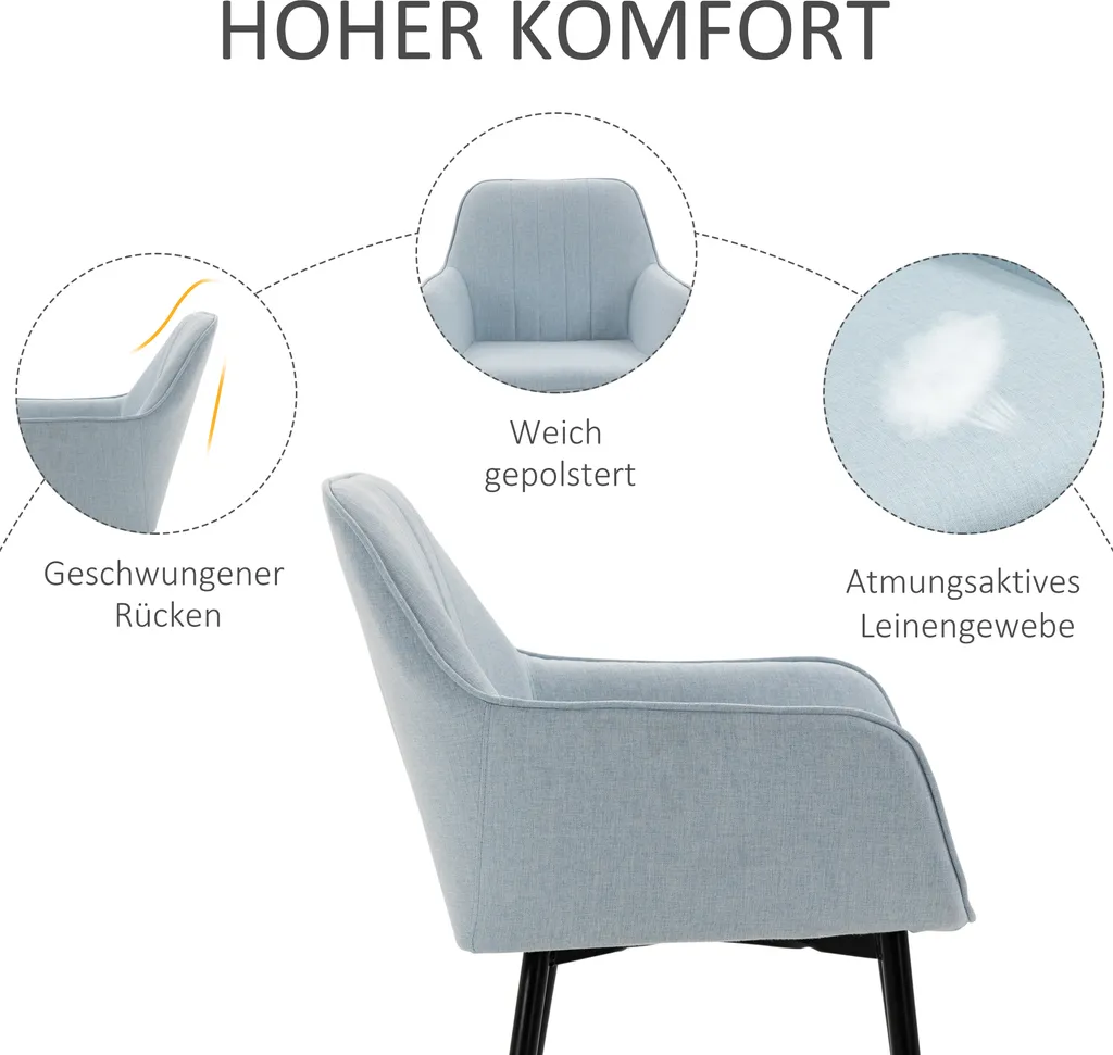 HOMCOM 2er Set Esszimmerstühle Essstühle Polsterstuhl Mit Atmungsaktivem Leinenbezug Wohnzimmerstuhl Sessel Küchenstuhl Mit Rückenlehne Armlehne Und Metallbeinen Leinen Blau 59,5 X 56,5 X 81 Cm 6 HOMCOM 2er Set Esszimmerstühle Essstühle Polsterstuhl Mit Atmungsaktivem Leinenbezug Wohnzimmerstuhl Sessel Küchenstuhl Mit Rückenlehne Armlehne Und Metallbeinen Leinen Blau 59,5 X 56,5 X 81 Cm – Bild 4