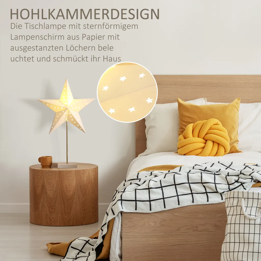 HOMCOM Tischlampe Stern Weihnachtsstern Lampe Papierstern Lampe Tischleuchte 5 Zacken 71 Cm Leuchtstern Weihnachtsdekoration Weiß+Gold 6 HOMCOM Tischlampe Stern Weihnachtsstern Lampe Papierstern Lampe Tischleuchte 5 Zacken 71 Cm Leuchtstern Weihnachtsdekoration Weiß+Gold – Bild 4