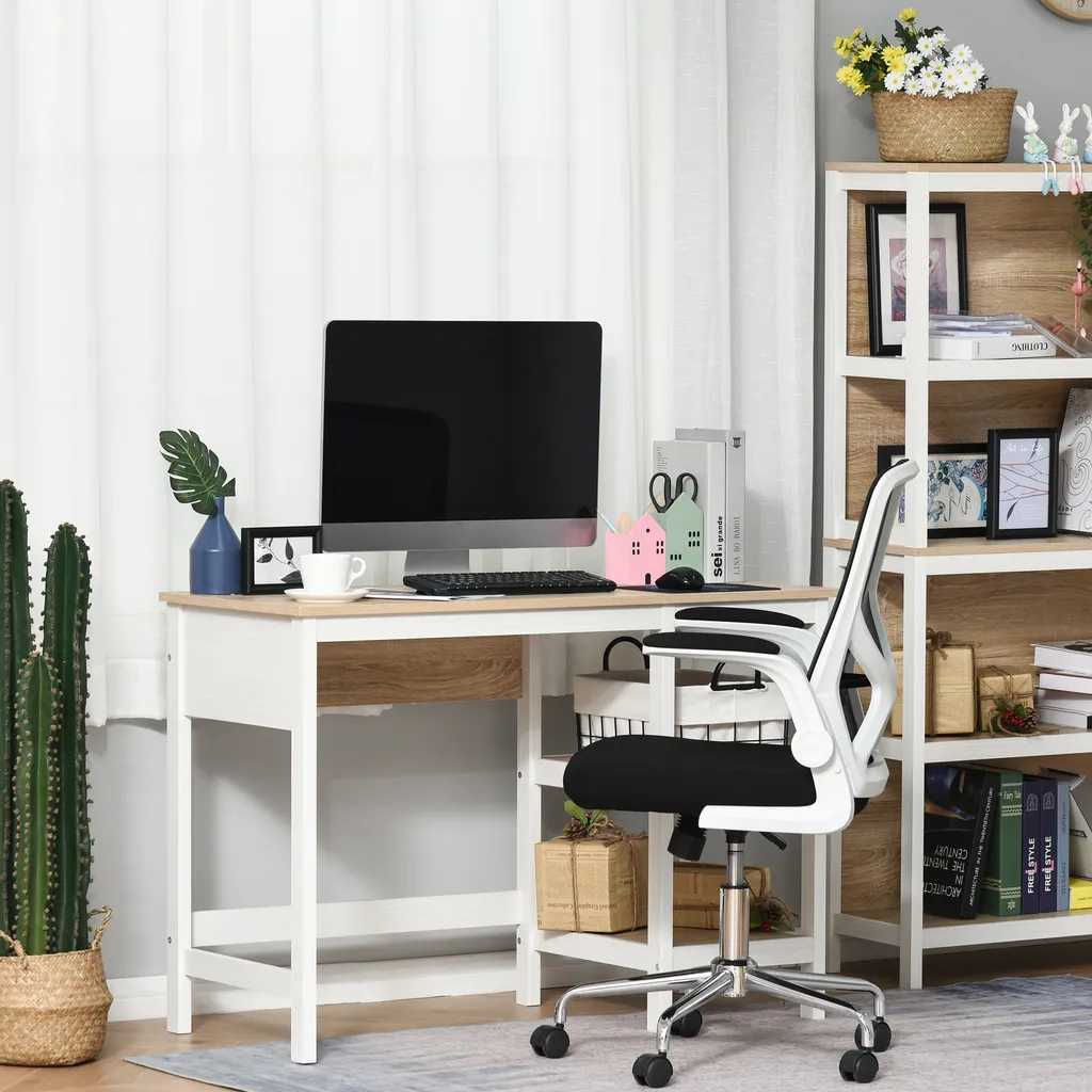 HOMCOM Schreibtisch Mit 2 Ebenen Regal, Computertisch, Bürotisch, MDF, Natur+Weiß, 110 X 48 X 76,2 Cm 4 HOMCOM Schreibtisch Mit 2 Ebenen Regal, Computertisch, Bürotisch, MDF, Natur+Weiß, 110 X 48 X 76,2 Cm – Bild 2