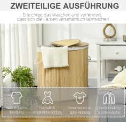 HOMCOM Wäschekorb 100L Wäschebox Mit Deckel, Griff Wäschesortierer Wäschesammler Mit 2 Abschnitten, Herausnehmbarem Wäschesack Für Schlafzimmer, Badezimmer Bambus Natur -Homcom c038d06d5bc93885a224b9041f797244