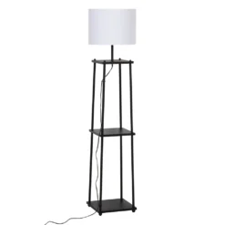 HOMCOM Stehlampe Mit 3 Regalen, Stehleuchte, Polyester, Baumwolle, Metall, Schwarz, 34,5 X 34,5 X 150 Cm