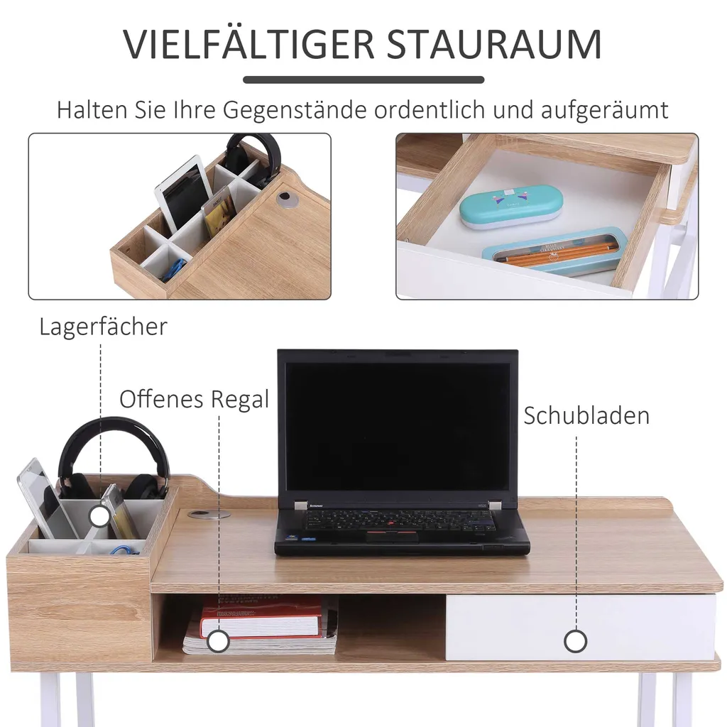 HOMCOM Schreibtisch Computertisch Bürotisch Arbeitstisch PC Tisch Vielseitig Verwendbar Mit Sechs Ablagefächern Schublade Breite Tischplatte Für Arbeitszimmer Büro Und Wohheim Natur 100 X 55 X 81,5 Cm 7 HOMCOM Schreibtisch Computertisch Bürotisch Arbeitstisch PC Tisch Vielseitig Verwendbar Mit Sechs Ablagefächern Schublade Breite Tischplatte Für Arbeitszimmer Büro Und Wohheim Natur 100 X 55 X 81,5 Cm – Bild 5