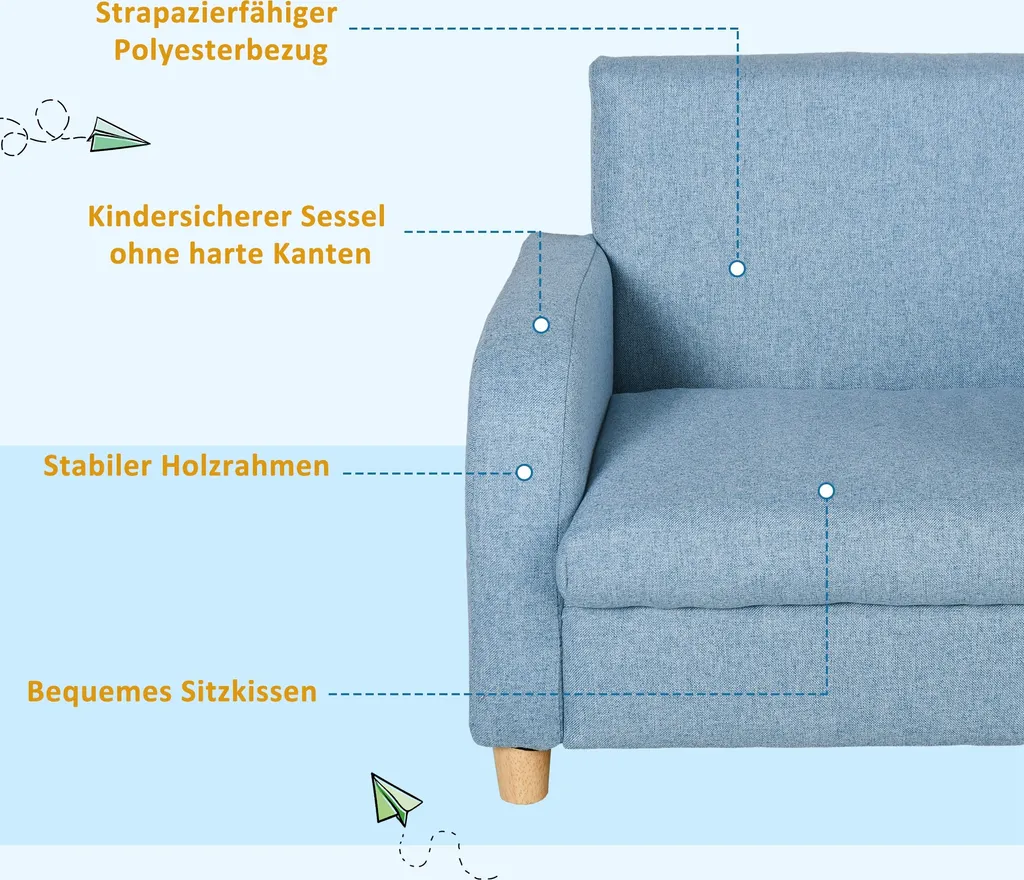 HOMCOM Kindersessel Kindersofa Mit Dickem Schaumstoff Und Dicken Sitzkissen Kindercouch Stuhl Liegesofa Mit Anti-Rutsch-Füßen Für 3-8 Jahre Kinder Holz Leinen Schaumstoff Blau 49x45x44,5 Cm 7 HOMCOM Kindersessel Kindersofa Mit Dickem Schaumstoff Und Dicken Sitzkissen Kindercouch Stuhl Liegesofa Mit Anti-Rutsch-Füßen Für 3-8 Jahre Kinder Holz Leinen Schaumstoff Blau 49x45x44,5 Cm – Bild 5