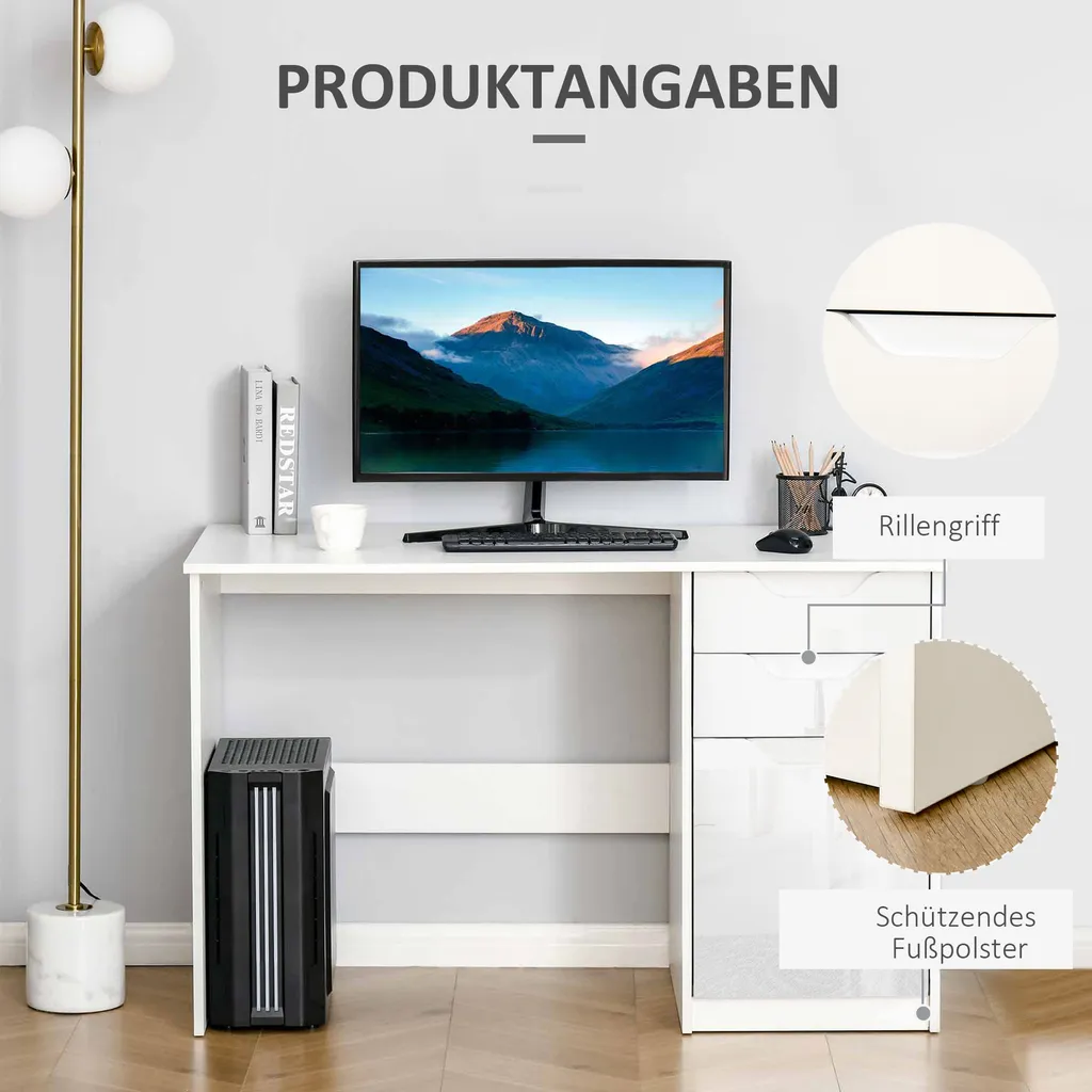 HOMCOM Schreibtisch Computertisch Mit 2 Schubladen Schrank Arbeitstisch Bürotisch Große Tischplatte Weiß 120 X 60 X 76 Cm 9 HOMCOM Schreibtisch Computertisch Mit 2 Schubladen Schrank Arbeitstisch Bürotisch Große Tischplatte Weiß 120 X 60 X 76 Cm – Bild 7
