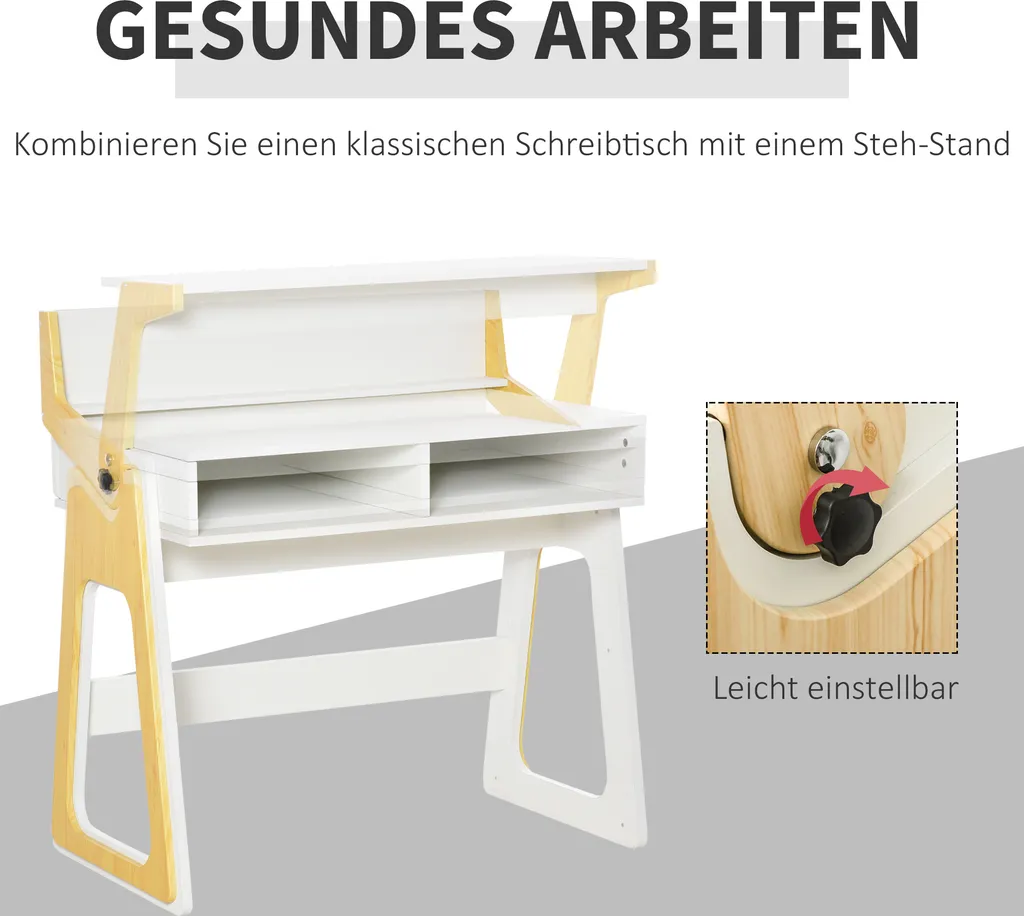 HOMCOM Schreibtisch Stehpult Und Sitzpult Mit Verstellbarem Regal Bürotisch Mit 2 Fächer Home-Office Helles Kiefer Beige Weiß 98 X 56,5 X 100,5 Cm 7 HOMCOM Schreibtisch Stehpult Und Sitzpult Mit Verstellbarem Regal Bürotisch Mit 2 Fächer Home-Office Helles Kiefer Beige Weiß 98 X 56,5 X 100,5 Cm – Bild 5