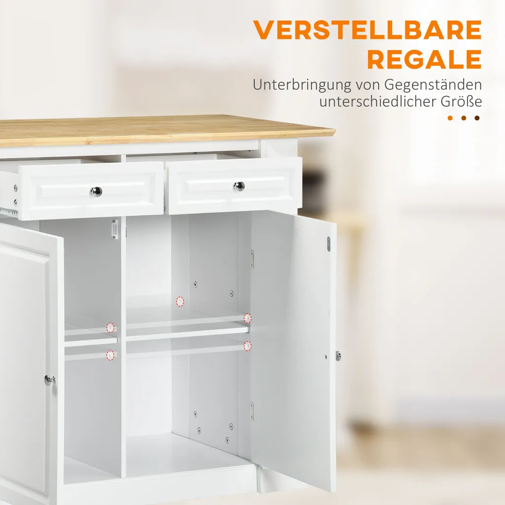 HOMCOM Kücheninsel, Sideboard Mit Erweiterbarer Arbeitsfläche, Küchenschrank Mit Schubladen, Gewürzregalen, Servierwagen Aus Holz Für Küche, Weiß, 108 X 78,4 X 84 Cm 8 HOMCOM Kücheninsel, Sideboard Mit Erweiterbarer Arbeitsfläche, Küchenschrank Mit Schubladen, Gewürzregalen, Servierwagen Aus Holz Für Küche, Weiß, 108 X 78,4 X 84 Cm – Bild 6