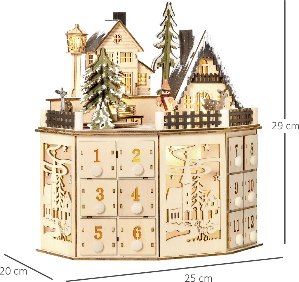 HOMCOM Weihnachts-Adventskalender Mit 24 Zugkästen Weihnachtskalender Mit LED-Lichtern Adventskalenderbox Sperrholz-Platte Naturholz 25 X 20 X 29 Cm 8 HOMCOM Weihnachts-Adventskalender Mit 24 Zugkästen Weihnachtskalender Mit LED-Lichtern Adventskalenderbox Sperrholz-Platte Naturholz 25 X 20 X 29 Cm – Bild 6