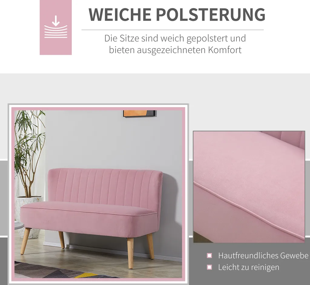 HOMCOM 2-Sitzer Stoffsofa Polstersofa Sitzmöbel Loungesofa Holz Schaumstoff Samtartiges Polyester Rosa 117 X 56,5 X 77 Cm 6 HOMCOM 2-Sitzer Stoffsofa Polstersofa Sitzmöbel Loungesofa Holz Schaumstoff Samtartiges Polyester Rosa 117 X 56,5 X 77 Cm – Bild 4