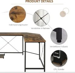 HOMCOM Computertisch, L-förmiger Eckschreibtisch, Schreibtisch, Bürotisch, E1 Spanplatte +Metall, Schwarz+Braun, 150 X 150 X 75 Cm -Homcom c944488cf1c875698d6da7ca2ad9048d