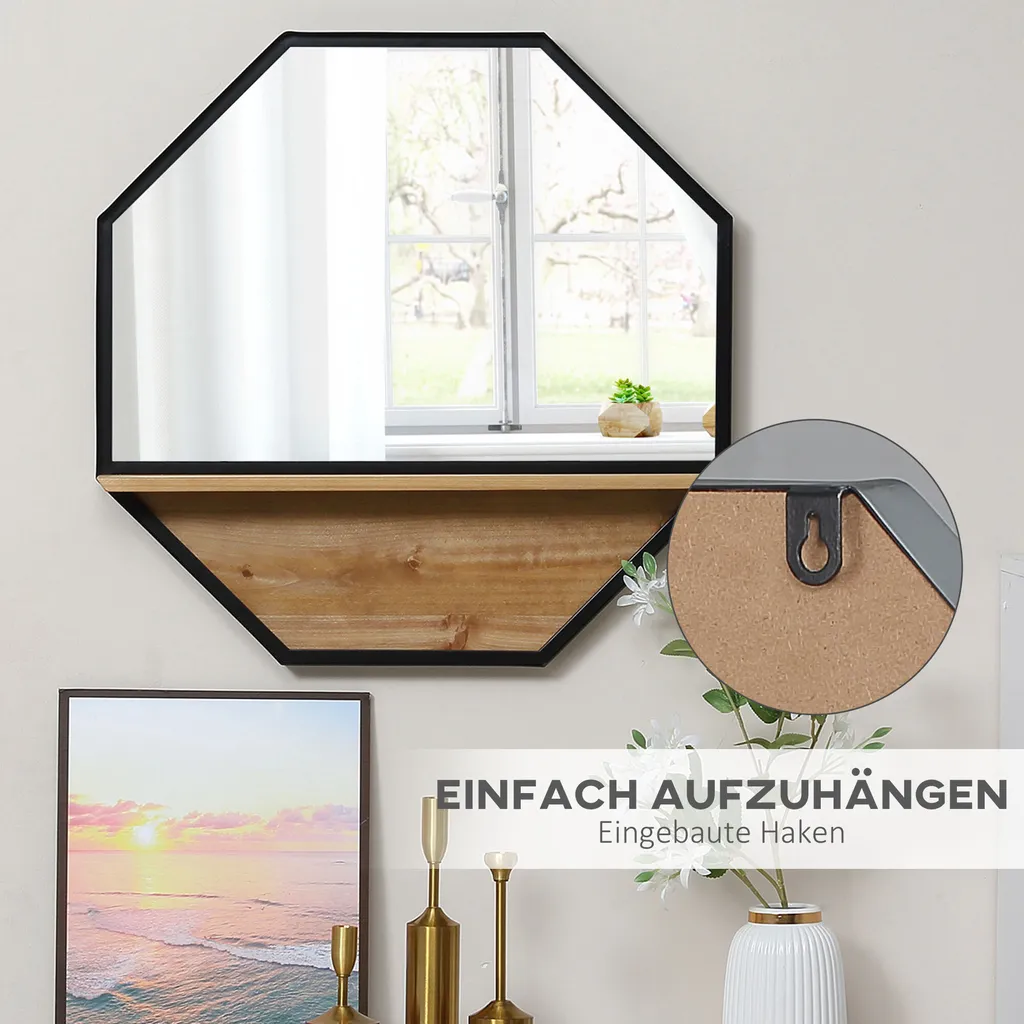 HOMCOM 61 X 61cm Achteck Wandspiegel Hängespiegel Wohnzimmerspiegel Mit Regal Industrie-Design Für Schlafzimmer Schwarz 9 HOMCOM 61 X 61cm Achteck Wandspiegel Hängespiegel Wohnzimmerspiegel Mit Regal Industrie-Design Für Schlafzimmer Schwarz – Bild 7
