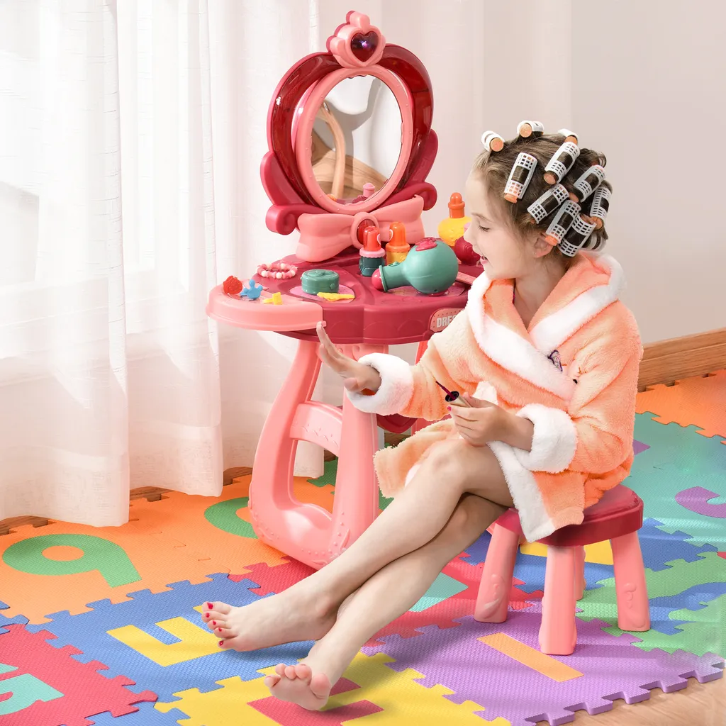 HOMCOM Kinderschminktisch Mit Spiegel Hocker Frisiertisch Mit Reichhaltigem Zubehör 5 Musikstücke Licht Für Mädchen Ab 3 Jahre Anti-rutsch Platzsparend Kunststoff Weinrot+Rosa 57 X 29 Cm X 70,5 Cm 4 HOMCOM Kinderschminktisch Mit Spiegel Hocker Frisiertisch Mit Reichhaltigem Zubehör 5 Musikstücke Licht Für Mädchen Ab 3 Jahre Anti-rutsch Platzsparend Kunststoff Weinrot+Rosa 57 X 29 Cm X 70,5 Cm – Bild 2
