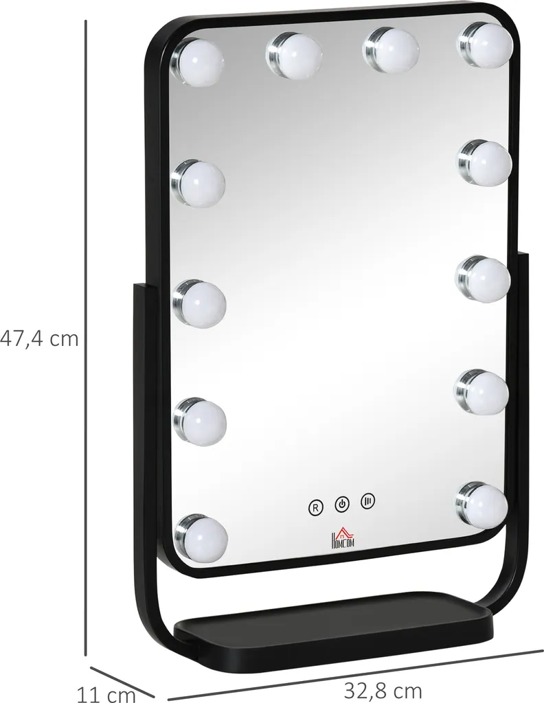 HOMCOM Schminkspiegel Hollywood Makeup Spiegel Mit 12 Dimmer-LED-Leuchten 3 Lichtfarben Kosmetikspiegel Touch-Steuerung 12W Für Schlafzimmer 32,8 X 11 X 47,4 Cm 5 HOMCOM Schminkspiegel Hollywood Makeup Spiegel Mit 12 Dimmer-LED-Leuchten 3 Lichtfarben Kosmetikspiegel Touch-Steuerung 12W Für Schlafzimmer 32,8 X 11 X 47,4 Cm – Bild 3