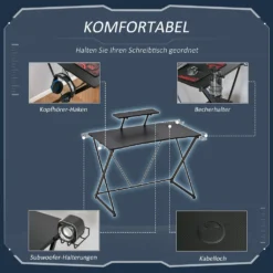 HOMCOM Gaming-Tisch Schreibtisch Computertisch PC Schreibtisch Mit Kopfhörerhaken Getränkehalterung Ergonomisches Design Verstellbare Füße MDF Stahl Schwarz 106 X 60 X 93,5 Cm -Homcom cd18dd65c81a1d427c3ac2dc77cd177d