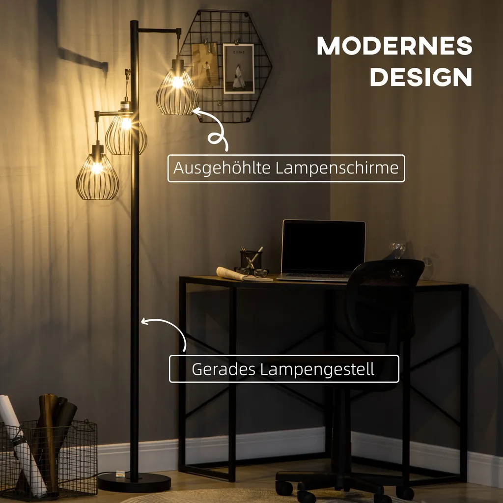 HOMCOM Stehlampe 3 Flammig, 40 W Stehleuchte Mit Käfig Lampenschirmen, E27 Fassung, Industrielle Standlampe, Exkl. Leuchtmittel, Für Wohnzimmer, Schlafzimmer, Schwarz 6 HOMCOM Stehlampe 3 Flammig, 40 W Stehleuchte Mit Käfig Lampenschirmen, E27 Fassung, Industrielle Standlampe, Exkl. Leuchtmittel, Für Wohnzimmer, Schlafzimmer, Schwarz – Bild 4