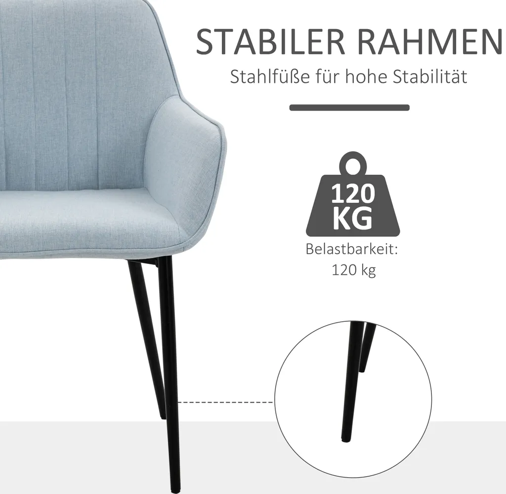 HOMCOM 2er Set Esszimmerstühle Essstühle Polsterstuhl Mit Atmungsaktivem Leinenbezug Wohnzimmerstuhl Sessel Küchenstuhl Mit Rückenlehne Armlehne Und Metallbeinen Leinen Blau 59,5 X 56,5 X 81 Cm 5 HOMCOM 2er Set Esszimmerstühle Essstühle Polsterstuhl Mit Atmungsaktivem Leinenbezug Wohnzimmerstuhl Sessel Küchenstuhl Mit Rückenlehne Armlehne Und Metallbeinen Leinen Blau 59,5 X 56,5 X 81 Cm – Bild 3