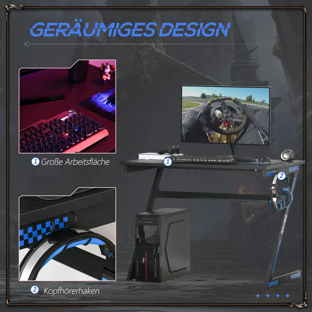 HOMCOM Computertisch Gaming Tisch PC Tisch Computer Ergonomisch Verstellbar Höhe Stahl MDF Schwarz 100L X 60B X 75H Cm 5 HOMCOM Computertisch Gaming Tisch PC Tisch Computer Ergonomisch Verstellbar Höhe Stahl MDF Schwarz 100L X 60B X 75H Cm – Bild 3