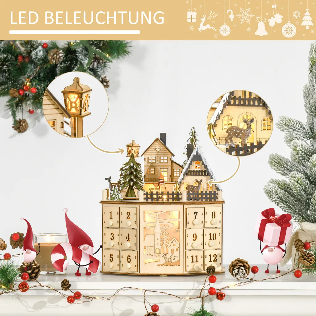 HOMCOM Weihnachts-Adventskalender Mit 24 Zugkästen Weihnachtskalender Mit LED-Lichtern Adventskalenderbox Sperrholz-Platte Naturholz 25 X 20 X 29 Cm 5 HOMCOM Weihnachts-Adventskalender Mit 24 Zugkästen Weihnachtskalender Mit LED-Lichtern Adventskalenderbox Sperrholz-Platte Naturholz 25 X 20 X 29 Cm – Bild 3