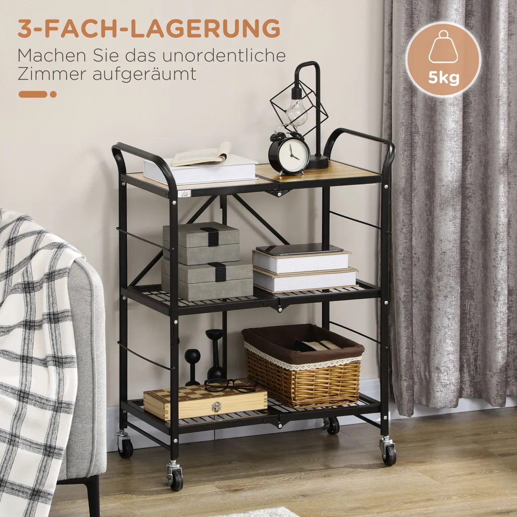 HOMCOM Rollwagen, Klappbarer Küchenwagen, Servierwagen Mit 3 Ebenen, Griff, Küchenregal Auf 4 Rollen Für Esszimmer, Wohnzimmer, Stahl, Braun+Schwarz, 68 X 35 X 85 Cm 6 HOMCOM Rollwagen, Klappbarer Küchenwagen, Servierwagen Mit 3 Ebenen, Griff, Küchenregal Auf 4 Rollen Für Esszimmer, Wohnzimmer, Stahl, Braun+Schwarz, 68 X 35 X 85 Cm – Bild 4