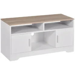 HOMCOM TV-Lowboard Fernsehschrank TV-Bank Mit 2 Schränken Und 3 Offenen TV-Kommode Bis Zu 50 Zoll Fernsehtisch Unterschrank Kabelführungsöffnung Spanplatte Weiß+Naturholz 105 X 40 X 52 Cm