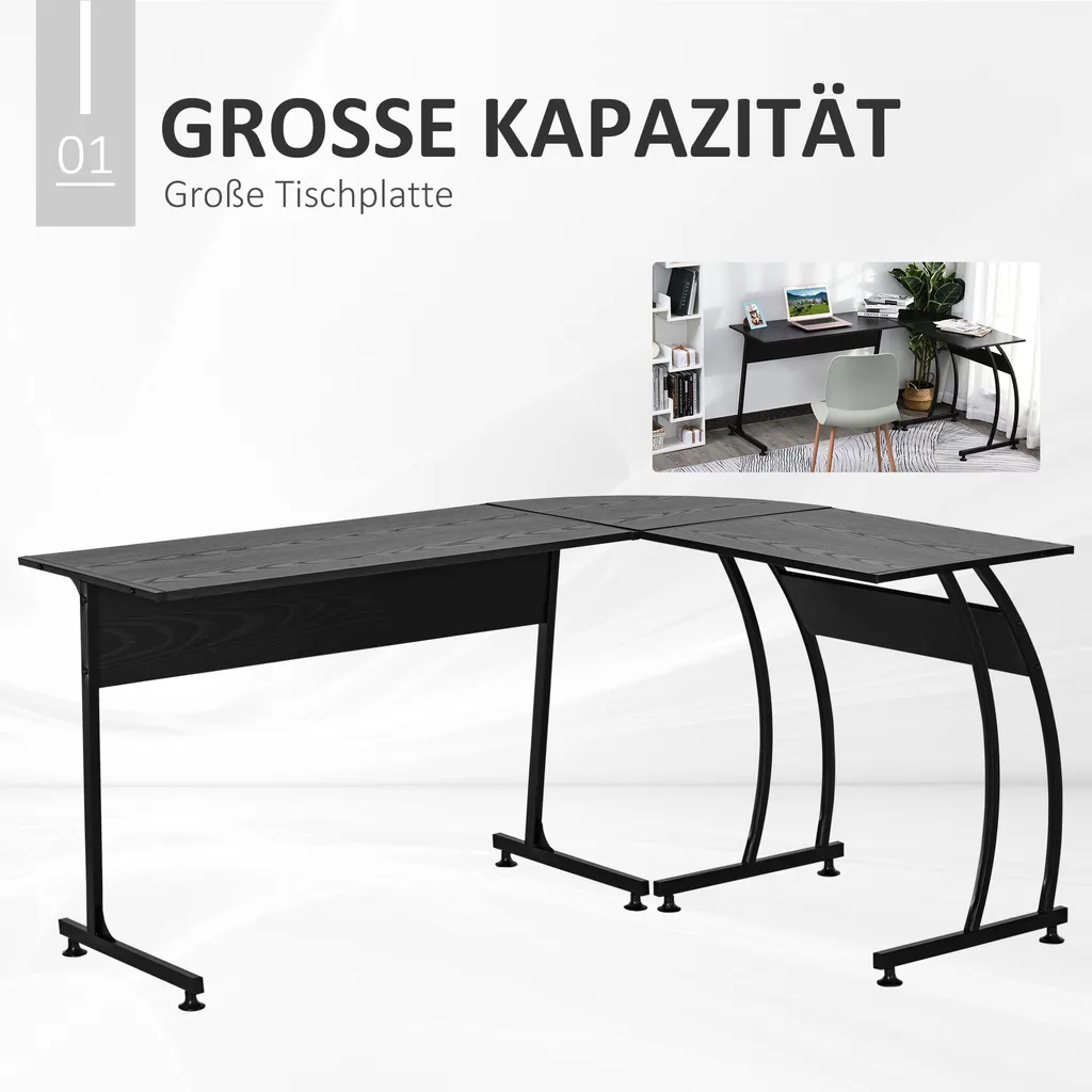 HOMCOM L-Form Computertisch Eckschreibtisch Arbeitstisch Minimalistisch Spanplatte Metall Platzsparender Gaming PC Workstation Für Home-Office Schwarz 112,5L X 152B X 74H Cm 5 HOMCOM L-Form Computertisch Eckschreibtisch Arbeitstisch Minimalistisch Spanplatte Metall Platzsparender Gaming PC Workstation Für Home-Office Schwarz 112,5L X 152B X 74H Cm – Bild 3