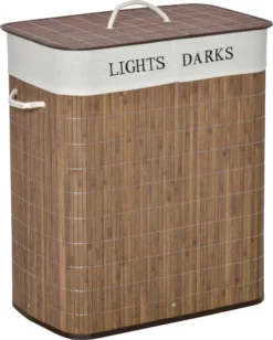 HOMCOM 100L Wäschekorb Wäschebox Wäschesammler Mit 3 Griffe Mit Waschbarem Wäschesack Abnehmbar Bambus Polyester Baumwolle Metall Braun+Weiß 52 X 32 X 63 Cm