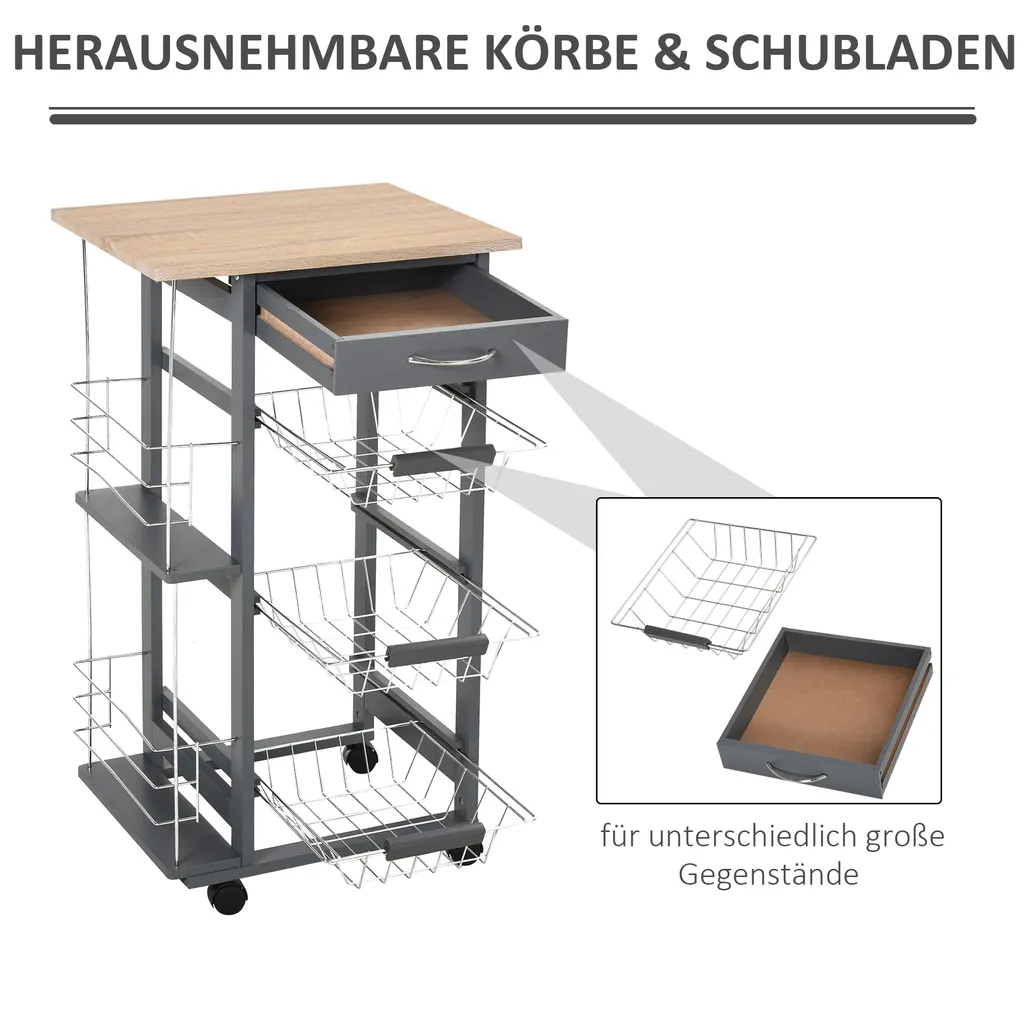 HOMCOM Küchenwagen Auf Rädern, Rollwagen Mit 2 Regalen, Servierwagen, Bastelwagen Mit Arbeitsplatte Und Gewürzregal, Rollregal Für Küche, Esszimmer, Kiefernholz, Grau, 47 X 37 X 83 Cm 14 HOMCOM Küchenwagen Auf Rädern, Rollwagen Mit 2 Regalen, Servierwagen, Bastelwagen Mit Arbeitsplatte Und Gewürzregal, Rollregal Für Küche, Esszimmer, Kiefernholz, Grau, 47 X 37 X 83 Cm – Bild 12