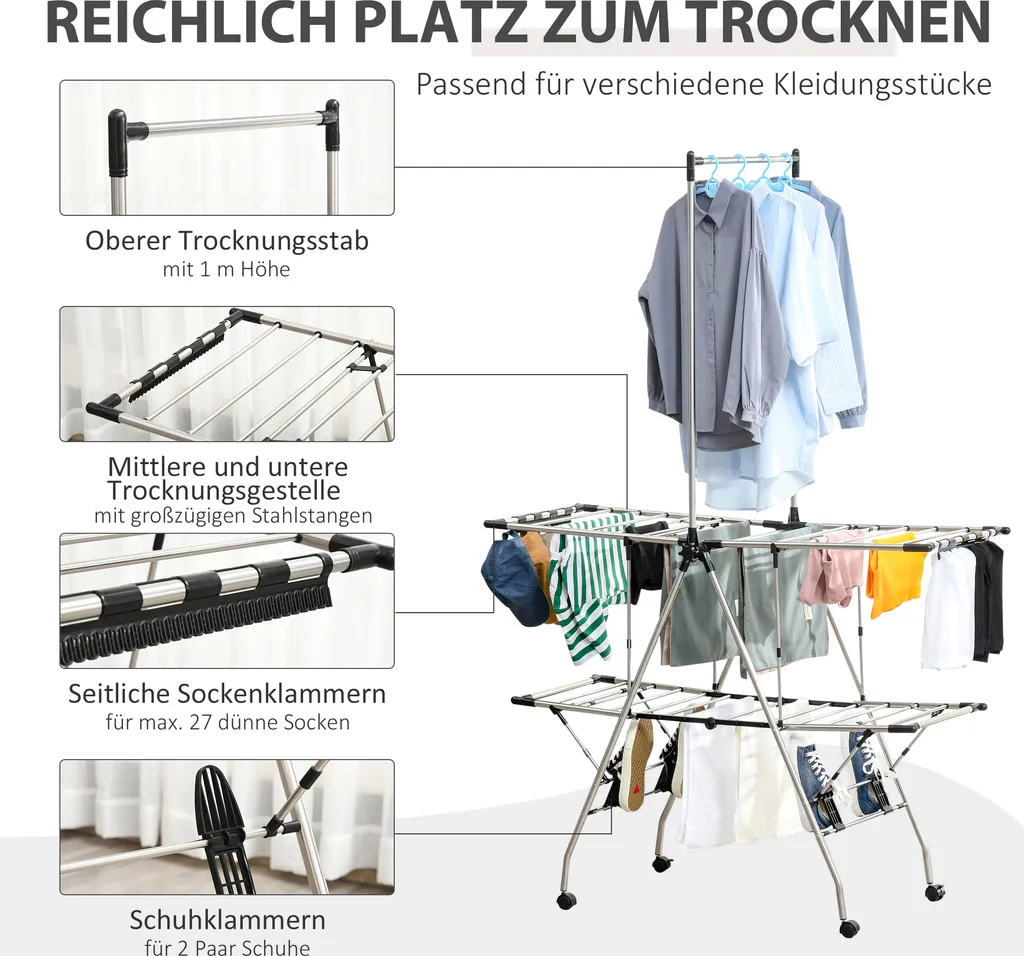 HOMCOM Kleiderständer Wäschetrockner Wäscheständer Standtrockner Zusammenklappbar Großer Trockenraum Edelstahl 138,5x63x208cm 5 HOMCOM Kleiderständer Wäschetrockner Wäscheständer Standtrockner Zusammenklappbar Großer Trockenraum Edelstahl 138,5x63x208cm – Bild 3