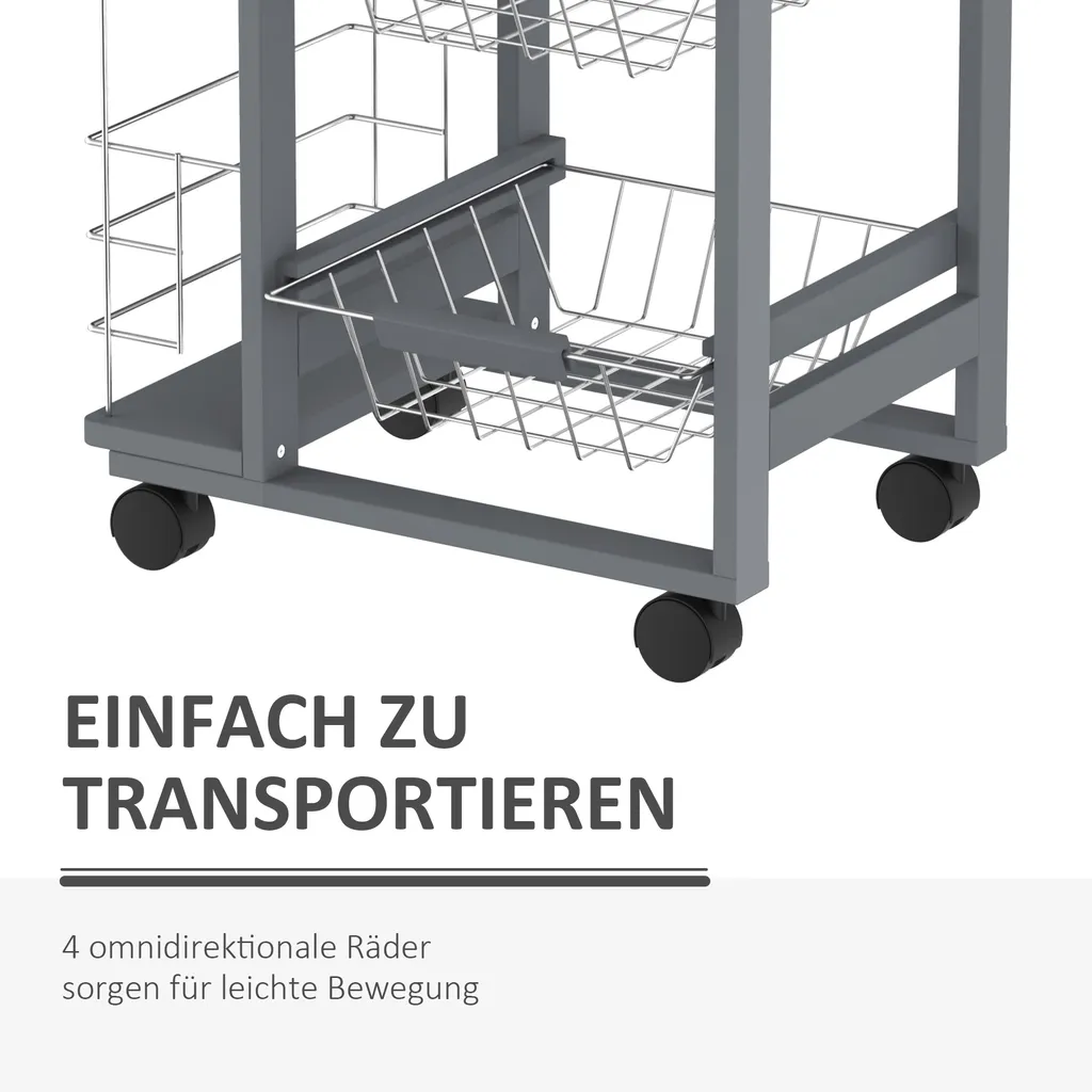 HOMCOM Küchenwagen Auf Rädern, Rollwagen Mit 2 Regalen, Servierwagen, Bastelwagen Mit Arbeitsplatte Und Gewürzregal, Rollregal Für Küche, Esszimmer, Kiefernholz, Grau, 47 X 37 X 83 Cm 12 HOMCOM Küchenwagen Auf Rädern, Rollwagen Mit 2 Regalen, Servierwagen, Bastelwagen Mit Arbeitsplatte Und Gewürzregal, Rollregal Für Küche, Esszimmer, Kiefernholz, Grau, 47 X 37 X 83 Cm – Bild 10