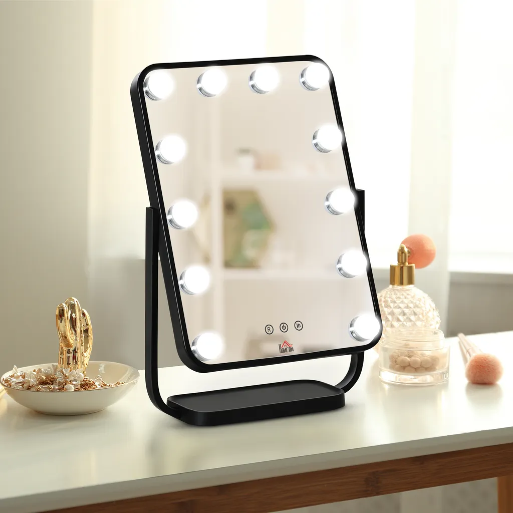 HOMCOM Schminkspiegel Hollywood Makeup Spiegel Mit 12 Dimmer-LED-Leuchten 3 Lichtfarben Kosmetikspiegel Touch-Steuerung 12W Für Schlafzimmer 32,8 X 11 X 47,4 Cm 4 HOMCOM Schminkspiegel Hollywood Makeup Spiegel Mit 12 Dimmer-LED-Leuchten 3 Lichtfarben Kosmetikspiegel Touch-Steuerung 12W Für Schlafzimmer 32,8 X 11 X 47,4 Cm – Bild 2