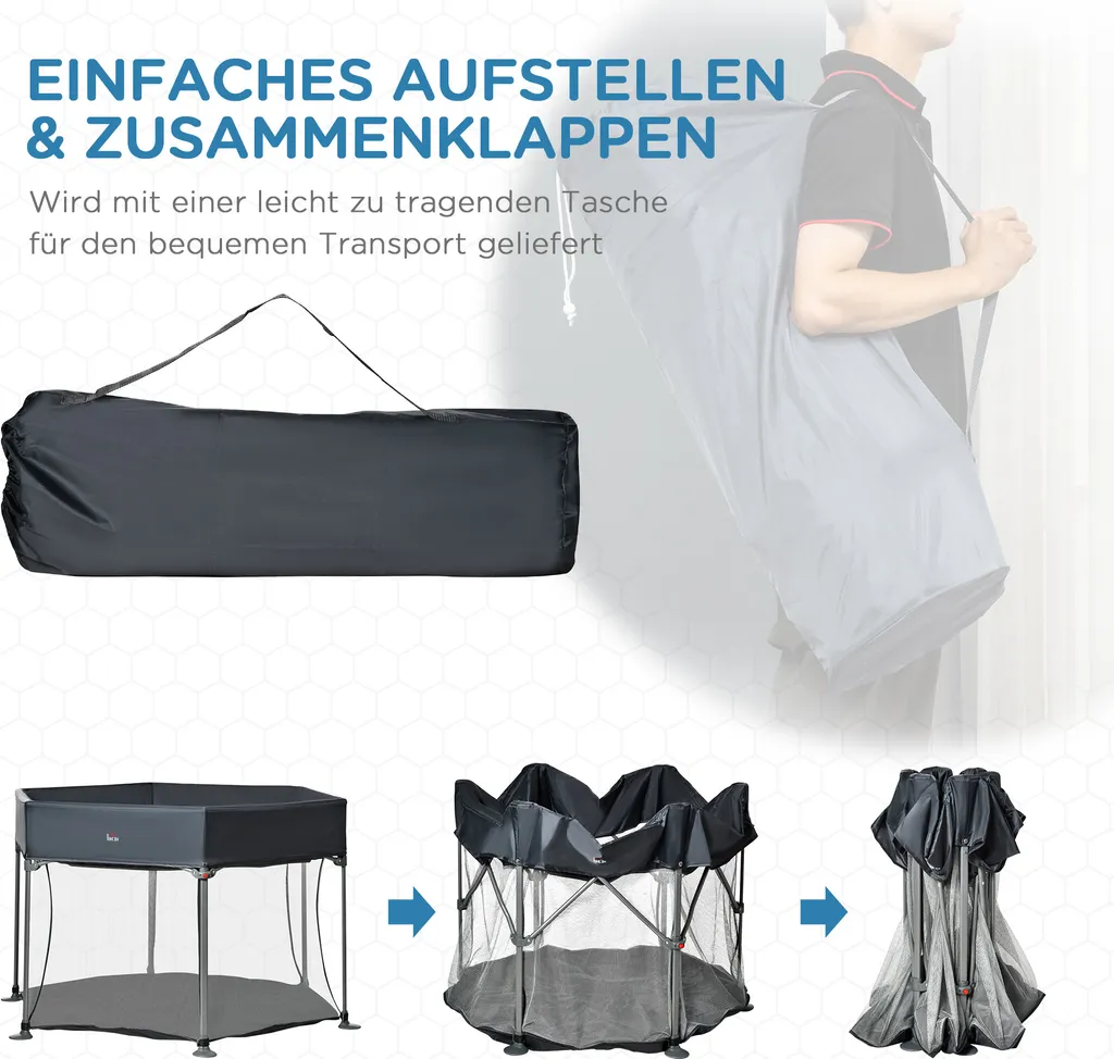 HOMCOM Baby Laufgitter 6 Eckig Zusammenklappbarer Laufstall Absperrgitter Krabbelgitter Reisebett Spielgitter Aktivitätszentrum Für Kinder Schutzgitter Mit Tragetasche Dunkelgrau 134 X 134 X 83 Cm 8 HOMCOM Baby Laufgitter 6 Eckig Zusammenklappbarer Laufstall Absperrgitter Krabbelgitter Reisebett Spielgitter Aktivitätszentrum Für Kinder Schutzgitter Mit Tragetasche Dunkelgrau 134 X 134 X 83 Cm – Bild 6