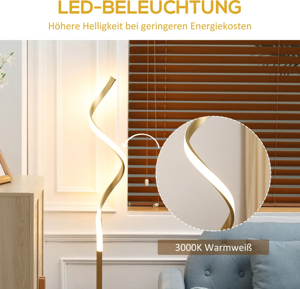 HOMCOM LED Stehleuchte, 10W Spirale Stehlampe, Standleuchte Mit Fußschalter, Wasserdichte Wohnzimmerlampe Mit Warmweißem Licht, Metall, Gold, 20,5 X 20,5 X 147 Cm 7 HOMCOM LED Stehleuchte, 10W Spirale Stehlampe, Standleuchte Mit Fußschalter, Wasserdichte Wohnzimmerlampe Mit Warmweißem Licht, Metall, Gold, 20,5 X 20,5 X 147 Cm – Bild 6