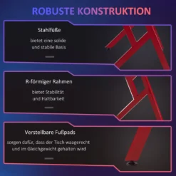 HOMCOM Gaming Tisch RGB-Lichter Schreibtisch R-förmiger 4 Verstellbare Fußstützen Computertisch Arbeitstisch Spanplatte Metall Schwarz+Rot 120 X 60 X 74,5 Cm -Homcom dcd4d836f49fe4c96a3ad7e405610592