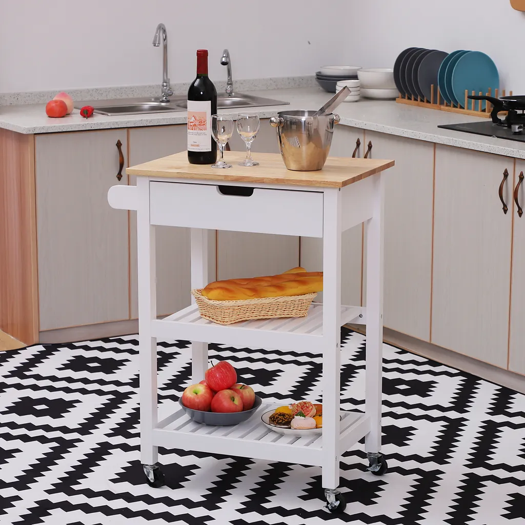 HOMCOM Servierwagen, Küchenwagen Mit Handtuchhalter, Küchentrolley, Beistellwagen Mit Schublade, Weiß, 64 X 39 X 84,5 Cm 4 HOMCOM Servierwagen, Küchenwagen Mit Handtuchhalter, Küchentrolley, Beistellwagen Mit Schublade, Weiß, 64 X 39 X 84,5 Cm – Bild 2