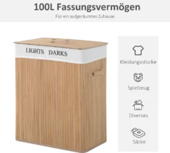 HOMCOM Wäschekorb Wäschebox Wäschesammler Mit Deckel Segeltuchsack Segeltuch + Bambus Natur 100L 52 X 32 X 63 Cm -Homcom ddc71e629e4a8f33e4ea255787626c42