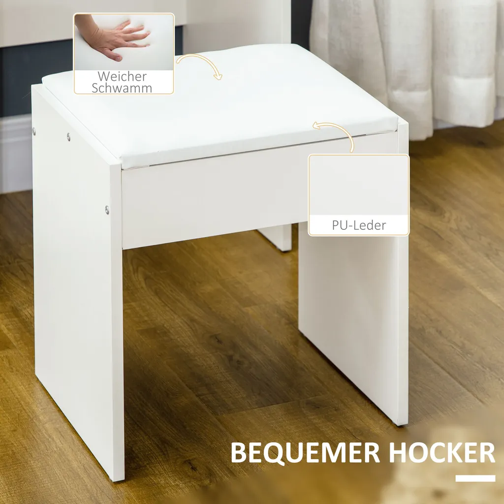 HOMCOM Schminktisch Mit Hocker, Kosmetiktisch Mit Spiegel, Frisiertisch Mit Schubladen, Ablagen, Frisierkommode Mit Anti-Kipp-Schutz Für Schlafzimmer, Weiß, 80 X 38 X 143cm 8 HOMCOM Schminktisch Mit Hocker, Kosmetiktisch Mit Spiegel, Frisiertisch Mit Schubladen, Ablagen, Frisierkommode Mit Anti-Kipp-Schutz Für Schlafzimmer, Weiß, 80 X 38 X 143cm – Bild 6