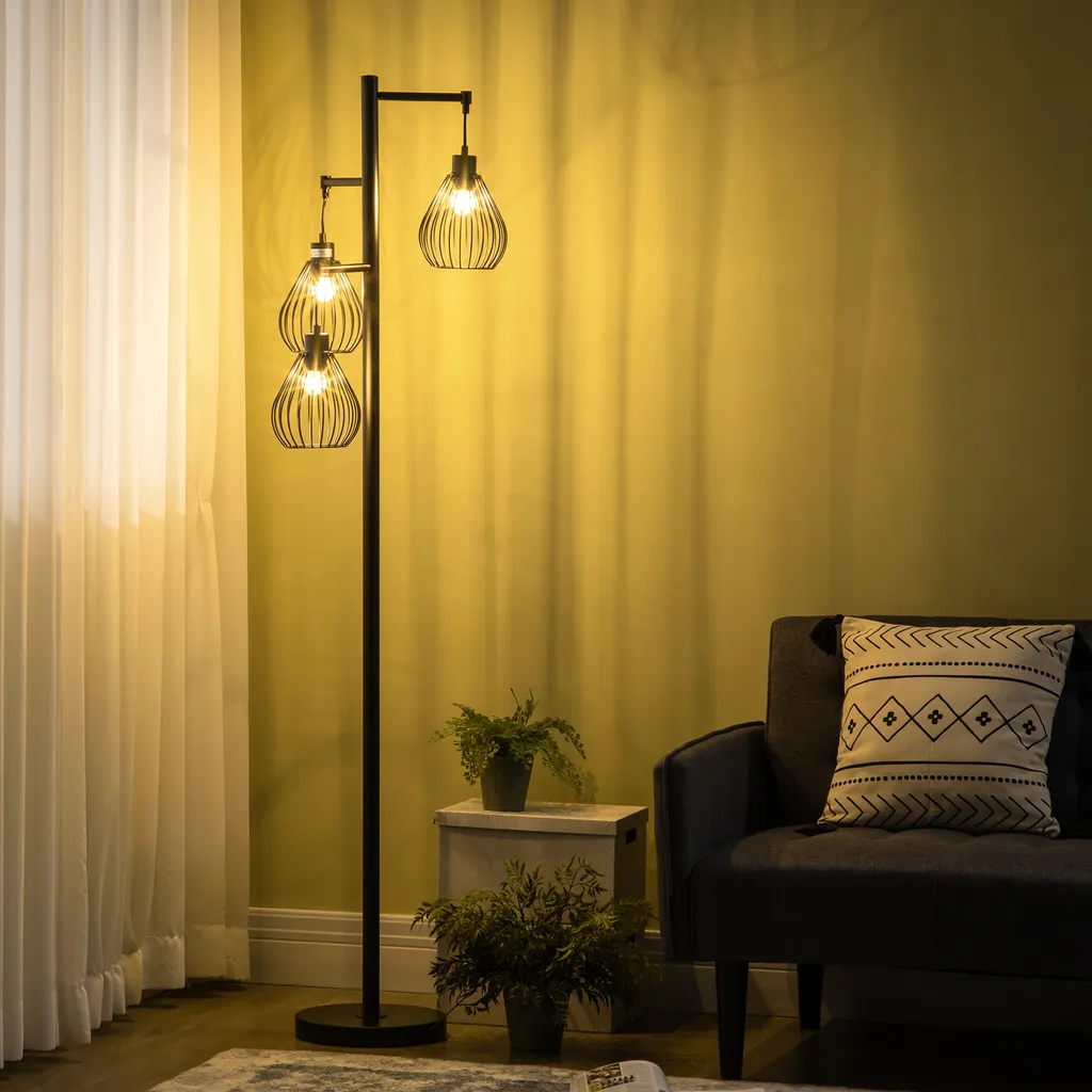 HOMCOM Stehlampe 3 Flammig, 40 W Stehleuchte Mit Käfig Lampenschirmen, E27 Fassung, Industrielle Standlampe, Exkl. Leuchtmittel, Für Wohnzimmer, Schlafzimmer, Schwarz 4 HOMCOM Stehlampe 3 Flammig, 40 W Stehleuchte Mit Käfig Lampenschirmen, E27 Fassung, Industrielle Standlampe, Exkl. Leuchtmittel, Für Wohnzimmer, Schlafzimmer, Schwarz – Bild 2