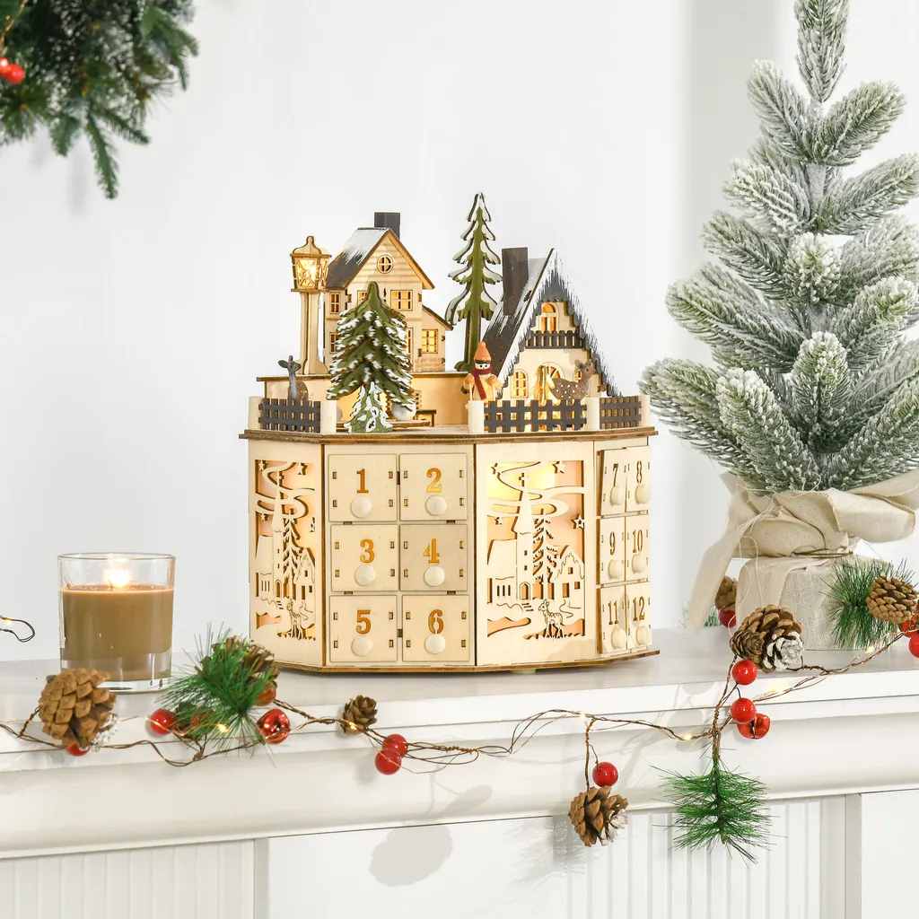 HOMCOM Weihnachts-Adventskalender Mit 24 Zugkästen Weihnachtskalender Mit LED-Lichtern Adventskalenderbox Sperrholz-Platte Naturholz 25 X 20 X 29 Cm 4 HOMCOM Weihnachts-Adventskalender Mit 24 Zugkästen Weihnachtskalender Mit LED-Lichtern Adventskalenderbox Sperrholz-Platte Naturholz 25 X 20 X 29 Cm – Bild 2