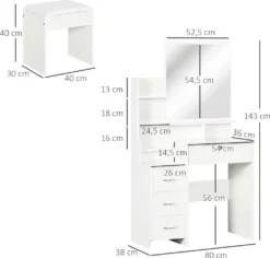HOMCOM Schminktisch Mit Hocker, Kosmetiktisch Mit Spiegel, Frisiertisch Mit Schubladen, Ablagen, Frisierkommode Mit Anti-Kipp-Schutz Für Schlafzimmer, Weiß, 80 X 38 X 143cm 13 HOMCOM Schminktisch Mit Hocker, Kosmetiktisch Mit Spiegel, Frisiertisch Mit Schubladen, Ablagen, Frisierkommode Mit Anti-Kipp-Schutz Für Schlafzimmer, Weiß, 80 X 38 X 143cm -Homcom df41d6e94e0684fc0c8b5de0a38e81e6