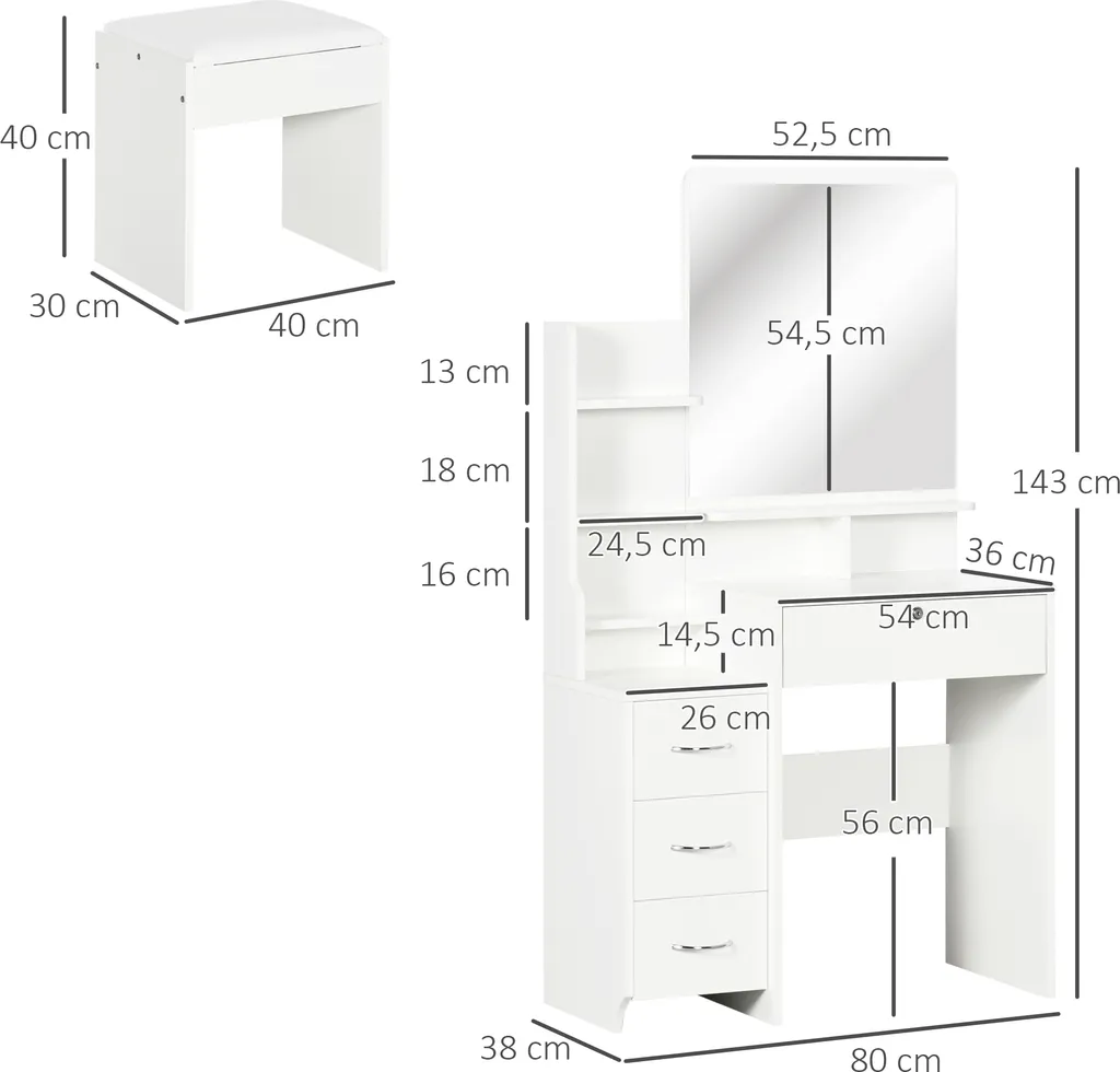 HOMCOM Schminktisch Mit Hocker, Kosmetiktisch Mit Spiegel, Frisiertisch Mit Schubladen, Ablagen, Frisierkommode Mit Anti-Kipp-Schutz Für Schlafzimmer, Weiß, 80 X 38 X 143cm 5 HOMCOM Schminktisch Mit Hocker, Kosmetiktisch Mit Spiegel, Frisiertisch Mit Schubladen, Ablagen, Frisierkommode Mit Anti-Kipp-Schutz Für Schlafzimmer, Weiß, 80 X 38 X 143cm – Bild 3