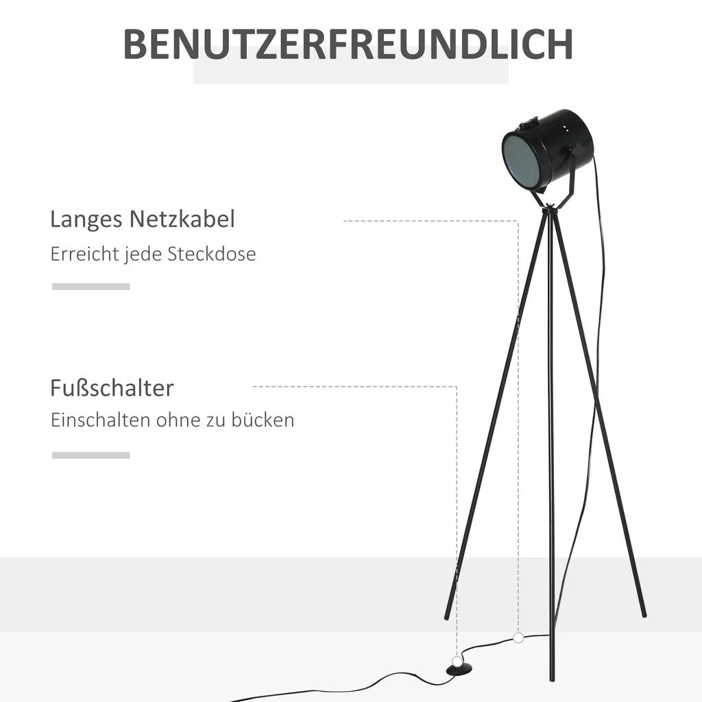 HOMCOM Stehlampe Vintage Design Standleuchte Retrodesign Tripod Stehleuchte Mit Ø15,5 Cm Lampenschirm 25W Für Schlafzimmer Esszimmer Sockel E27 Metall Schwarz Ø58 X 136 Cm 7 HOMCOM Stehlampe Vintage Design Standleuchte Retrodesign Tripod Stehleuchte Mit Ø15,5 Cm Lampenschirm 25W Für Schlafzimmer Esszimmer Sockel E27 Metall Schwarz Ø58 X 136 Cm – Bild 5