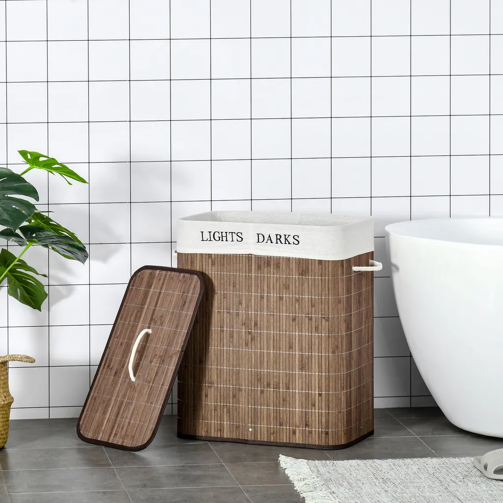 HOMCOM 100L Wäschekorb Wäschebox Wäschesammler Mit 3 Griffe Mit Waschbarem Wäschesack Abnehmbar Bambus Polyester Baumwolle Metall Braun+Weiß 52 X 32 X 63 Cm 10 HOMCOM 100L Wäschekorb Wäschebox Wäschesammler Mit 3 Griffe Mit Waschbarem Wäschesack Abnehmbar Bambus Polyester Baumwolle Metall Braun+Weiß 52 X 32 X 63 Cm – Bild 8